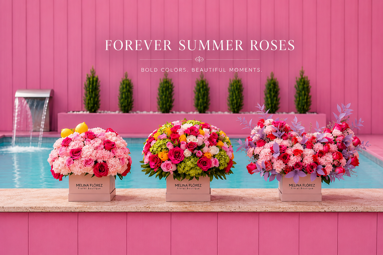 Floral arrangements in front of a pink poolside setting with 'Forever Summer Roses' text.